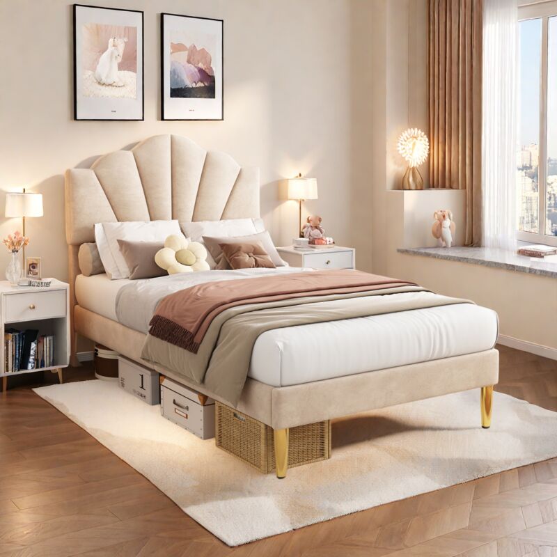 foto del prodotto letto imbottito in velluto, 90 x 200 cm, a forma di conchiglia con gambe in ferro dorato, testiera regolabile in altezza, rete a doghe in legno,