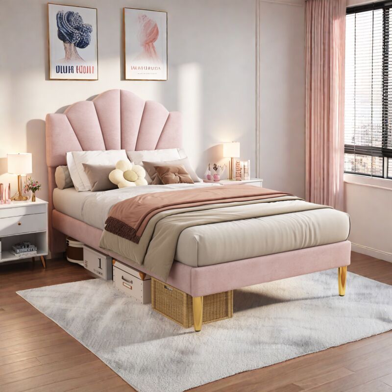 foto del prodotto letto imbottito in velluto, 90 x 200 cm, a forma di conchiglia con gambe in ferro dorato, testiera regolabile in altezza, rete a doghe in legno,