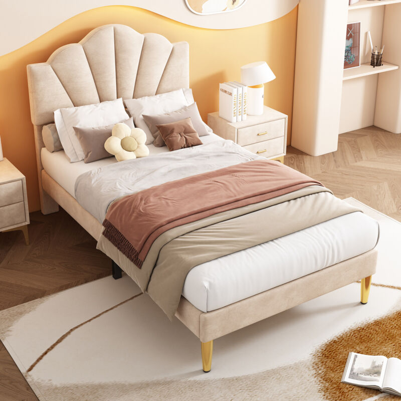 foto del prodotto letto imbottito in velluto, 90200 cm, letto a conchiglia con gambe in ferro dorato, testiera regolabile in altezza, rete a doghe in legno, beige