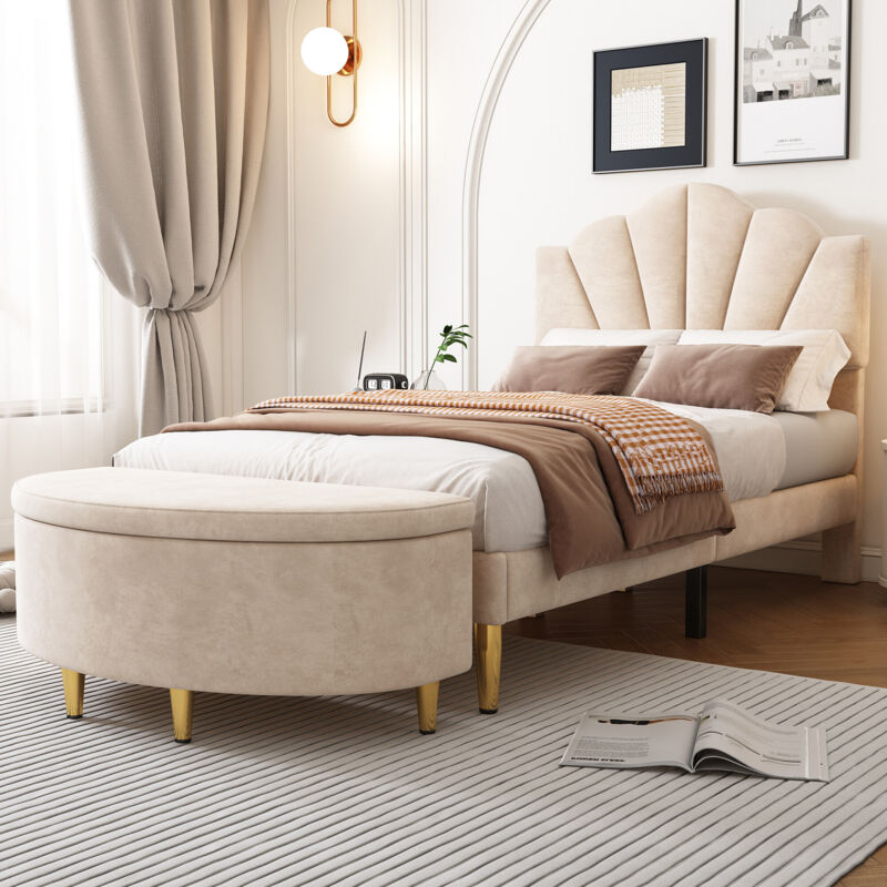foto del prodotto letto imbottito in velluto, 90200 cm, letto a conchiglia con gambe in ferro dorato, testiera regolabile in altezza, rete a doghe in legno, con panca