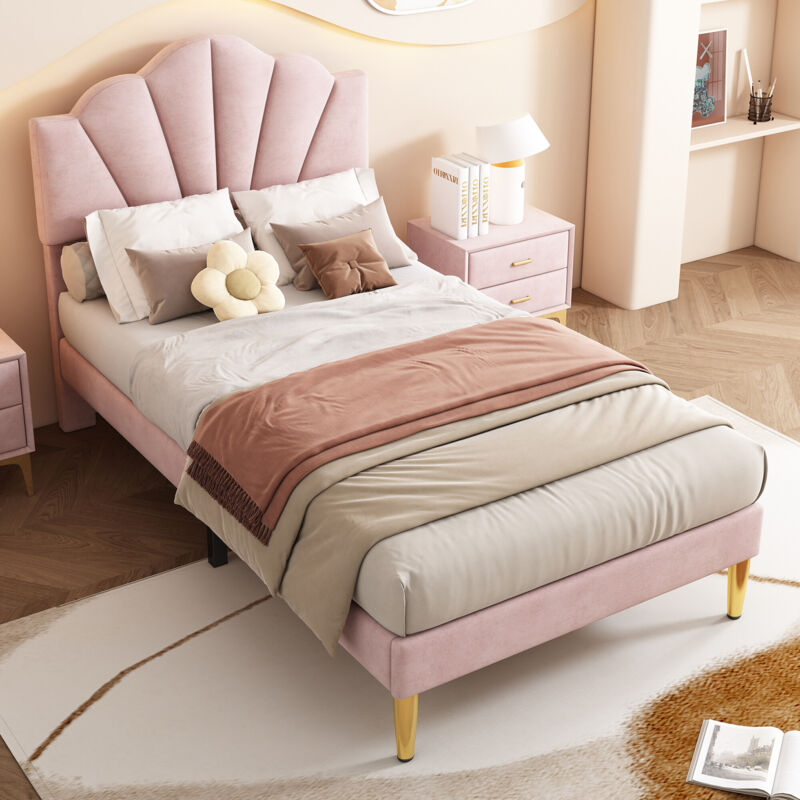foto del prodotto letto imbottito in velluto, 90200 cm, letto a conchiglia con gambe in ferro dorato, testiera regolabile in altezza, rete a doghe in legno, rosa