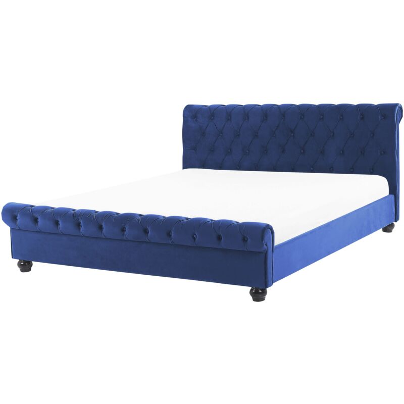foto del prodotto letto imbottito in velluto blu con rete a doghe gambe nere 160 x 200 cm avallon