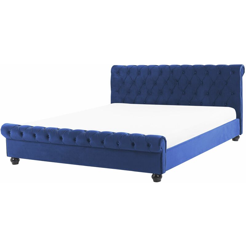 foto del prodotto letto imbottito in velluto blu con rete a doghe gambe nere 180 x 200 cm avallon