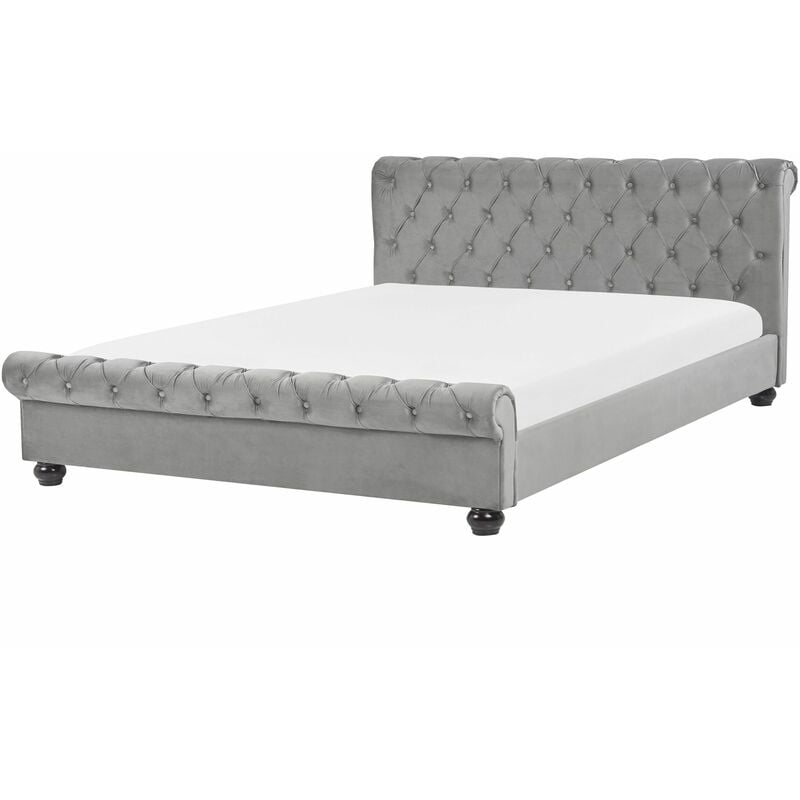 foto del prodotto letto imbottito in velluto grigio chiaro con rete a doghe 180 x 200 cm avallon