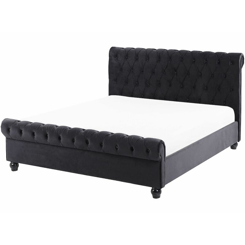 foto del prodotto letto imbottito in velluto nero rete a doghe gambe nere 140 x 200 cm avallon