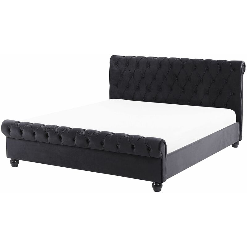 foto del prodotto letto imbottito in velluto nero rete a doghe gambe nere 160 x 200 cm avallon