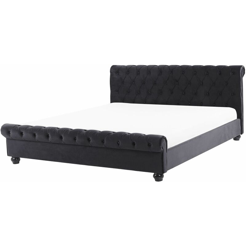 foto del prodotto letto imbottito in velluto nero rete a doghe gambe nere 180 x 200 cm avallon
