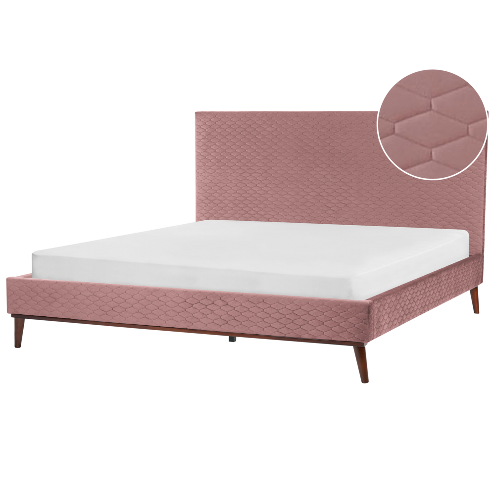 foto del prodotto letto imbottito in velluto rosa 180 x 200 con struttura imbottita a nido d ape trapuntato stile classico