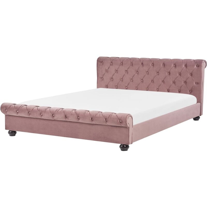 foto del prodotto letto imbottito in velluto rosa rete a doghe gambe nere 180 x 200 cm avallon