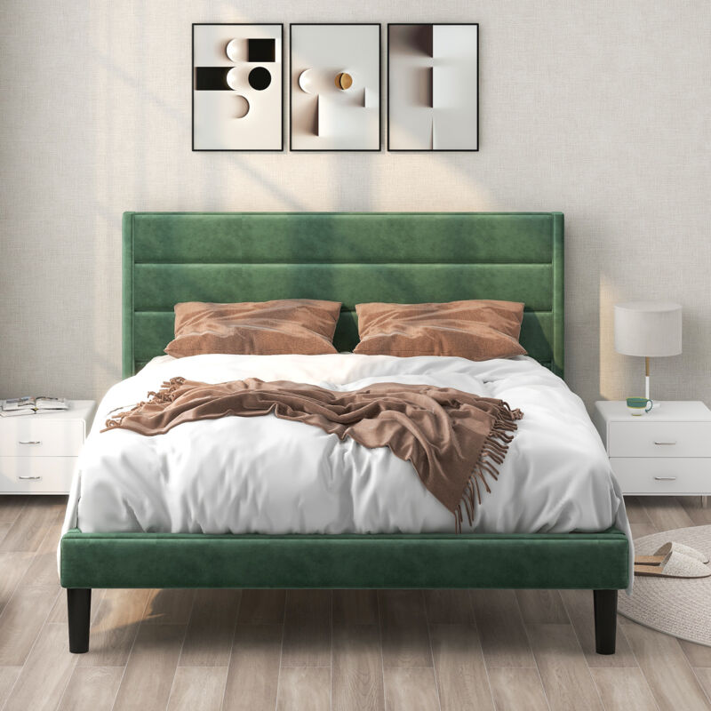 foto del prodotto letto imbottito in velluto, senza materasso 140 x 200 cm, letto matrimoniale, verde scuro