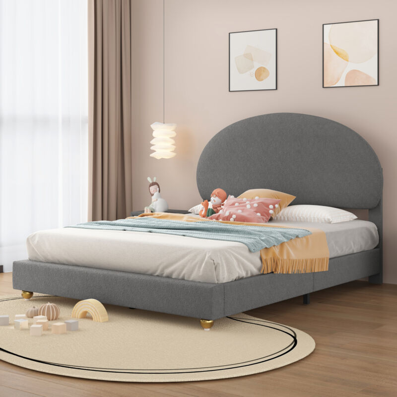 foto del prodotto letto imbottito in velluto teddy 140200, letto matrimoniale imbottito con testiera ad arco e rete a doghe, grigio