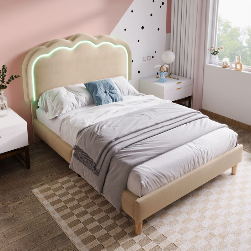 foto del prodotto letto imbottito led letto singolo 90 x 200 cm, giroletto con rete a doghe e testiera regolabile, letto imbottito beige, giroletto letto per ragazzi