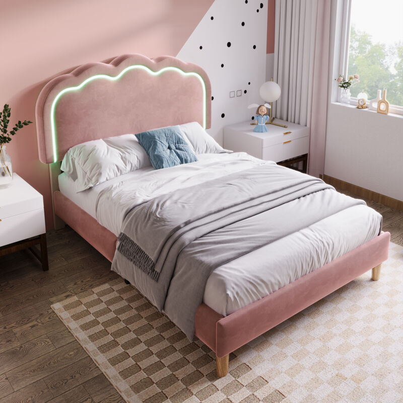 foto del prodotto letto imbottito led letto singolo 90 x 200 cm, giroletto con rete a doghe e testiera regolabile, letto imbottito rosa, giroletto letto ragazzi per