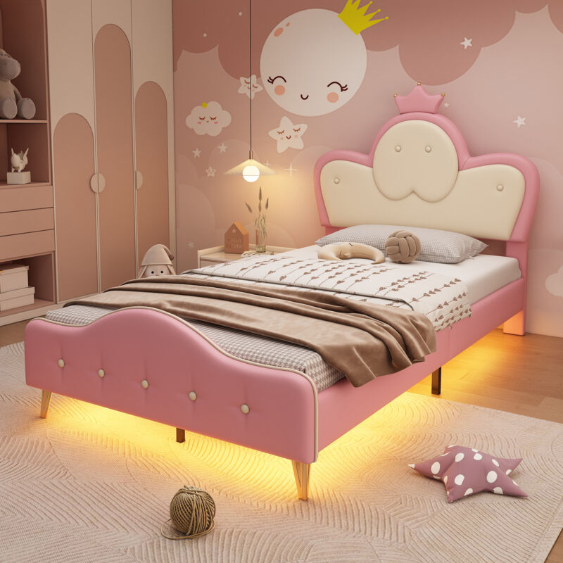 foto del prodotto letto imbottito, lettino per bambini, con bordi protettivi morbidi, striscia led monocromatica, testiera con corona, pedane in metallo, forma ad onda