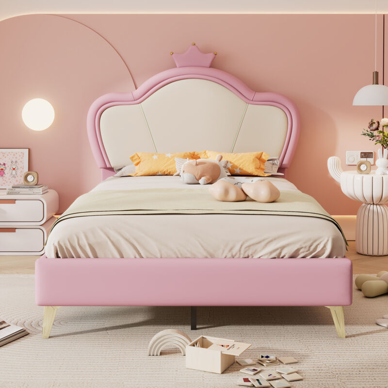 foto del prodotto letto imbottito, lettino per bambini, con bordi protettivi morbidi, testiera con corona, gambe del letto in metallo, elegante profilo della testiera