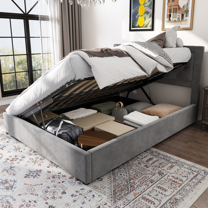 foto del prodotto letto imbottito, letto contenitore con box letto estraibile sinistro e destro, stile chesterfield, testiera imbottita in schiuma, letto matrimoniale