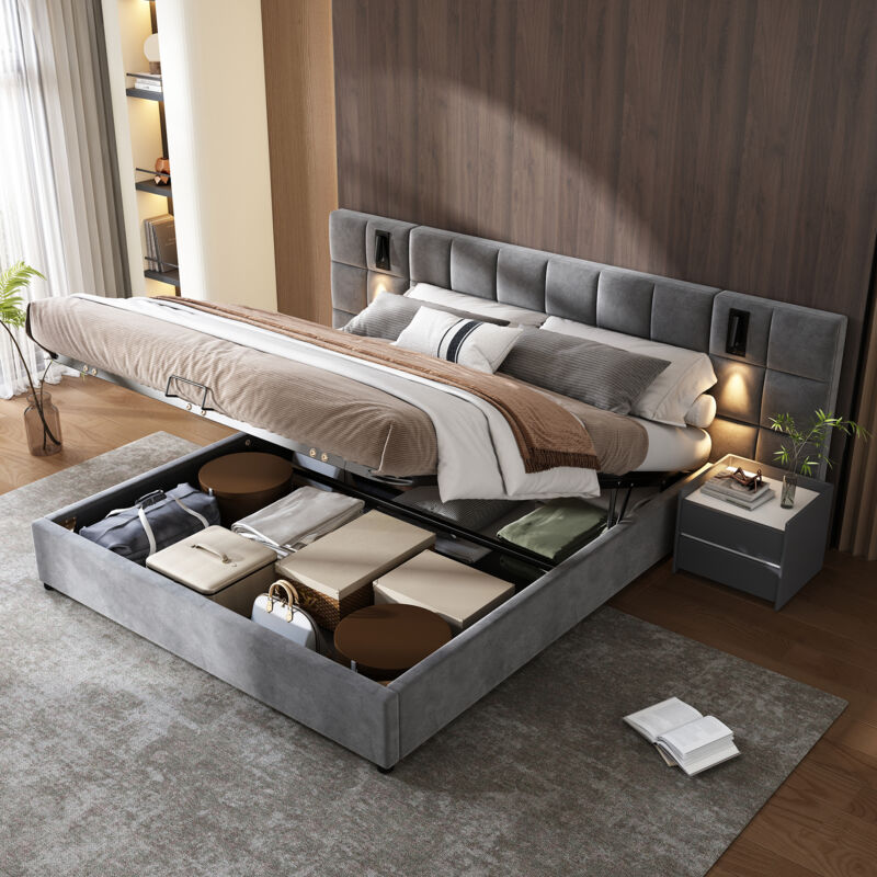 foto del prodotto letto imbottito, letto contenitore idraulico con lampada direzionale e ricarica usb, ampia testiera imbottita in schiuma, motivo a scacchiera, senza