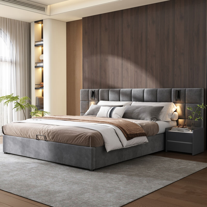 foto del prodotto letto imbottito, letto contenitore idraulico con lampada direzionale e ricarica usb, testiera larga e imbottita in schiuma, motivo a scacchiera, con