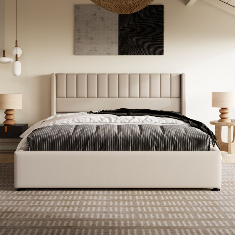 foto del prodotto letto imbottito letto contenitore letto idraulico lino beige 140x200 cm senza materasso , letto con rete a doghe in metallo okwish