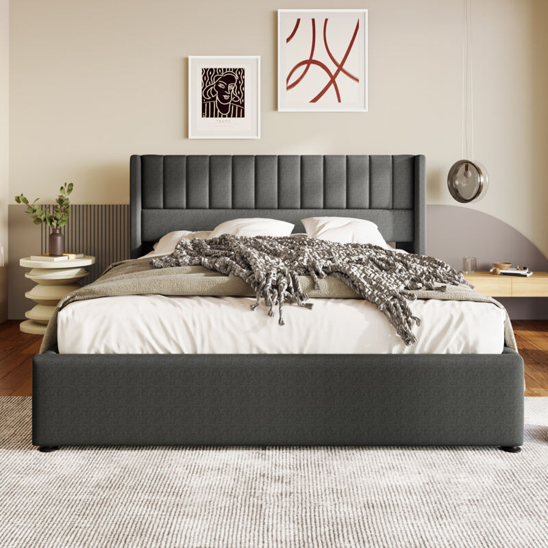 foto del prodotto letto imbottito letto contenitore letto idraulico lino grigio 180x200 cm senza materasso okwish