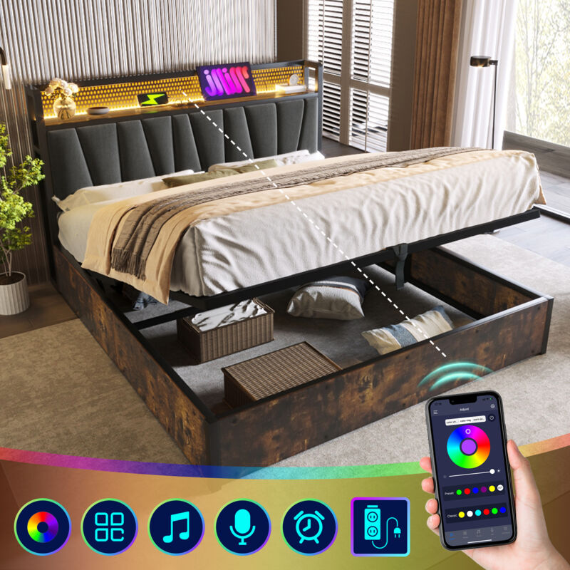 foto del prodotto letto imbottito letto in metallo letto matrimoniale led app control con funzione di ricarica usb, testiera e illuminazione a led, letto in metallo