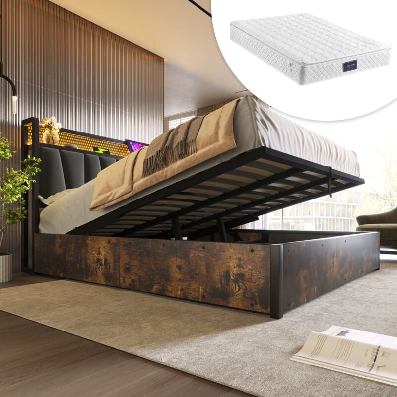 foto del prodotto letto imbottito letto in metallo letto matrimoniale led app control con funzione di ricarica usb, testiera e illuminazione a led, letto in metallo