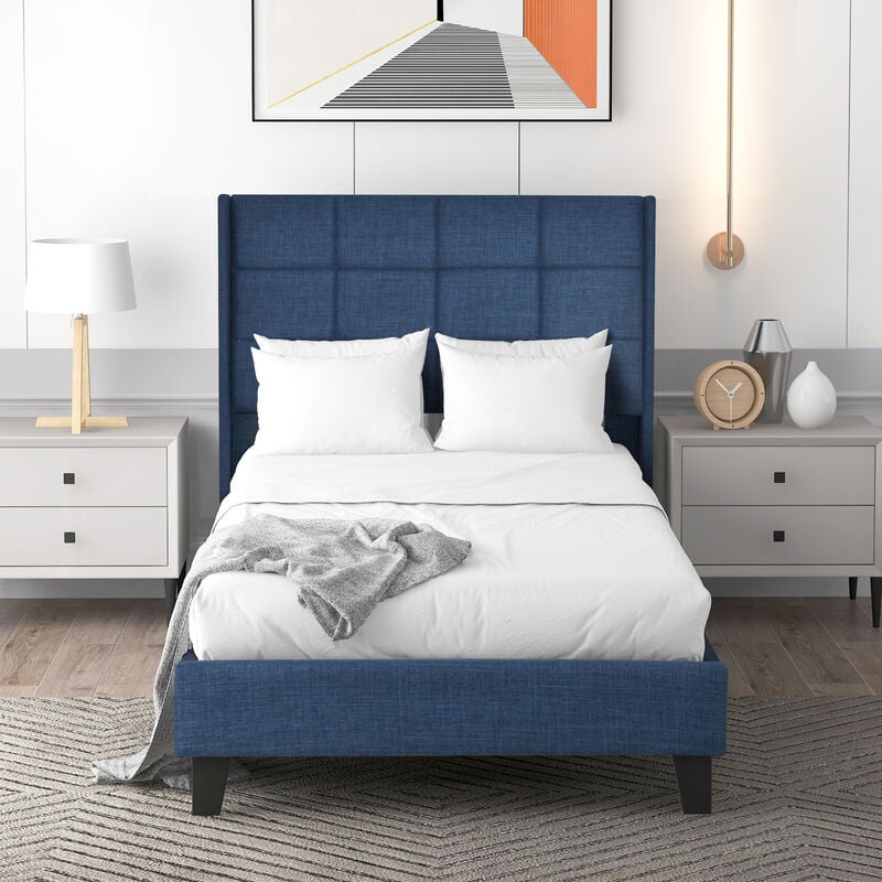 foto del prodotto letto imbottito letto in tessuto in lino, giroletto con rete a doghe e testiera imbottita, 90x200cm, blu