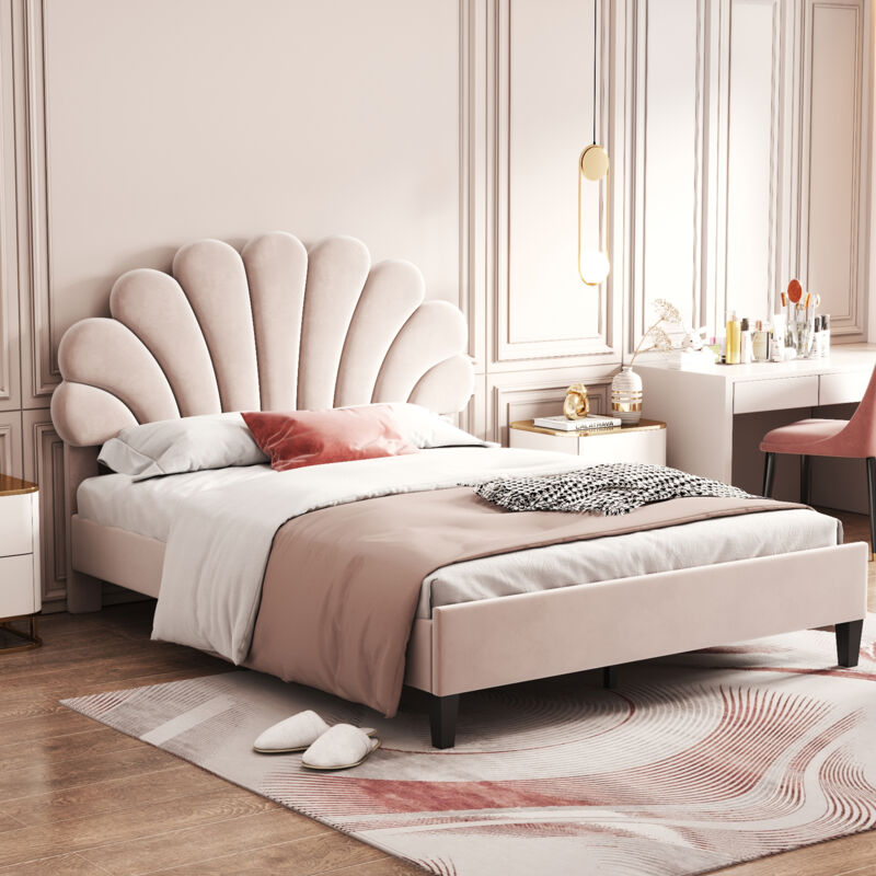 foto del prodotto letto imbottito letto matrimoniale 140 x 200 cm, giroletto con testiera a forma di fiore e rete a doghe, letto per ragazzi per adulti in tessuto di