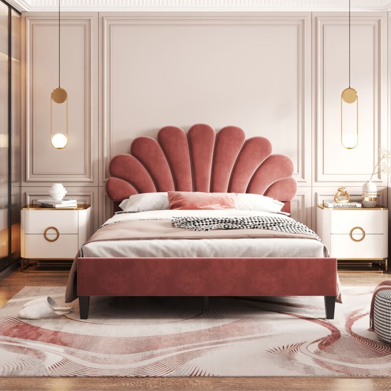 foto del prodotto letto imbottito letto matrimoniale 140 x 200 cm, giroletto con testiera a forma di fiore e rete a doghe, letto per ragazzi per adulti in tessuto di