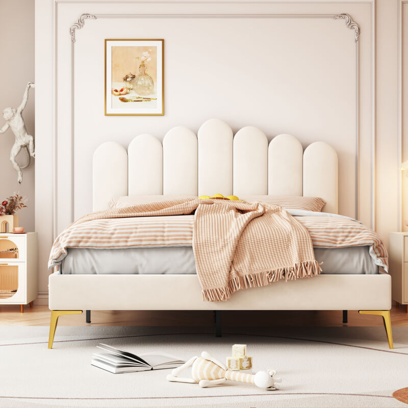 foto del prodotto letto imbottito letto matrimoniale 140 x 200 cm, giroletto con testiera e rete a doghe, letto ospiti per adulti e ragazzi in tessuto velluto delicato