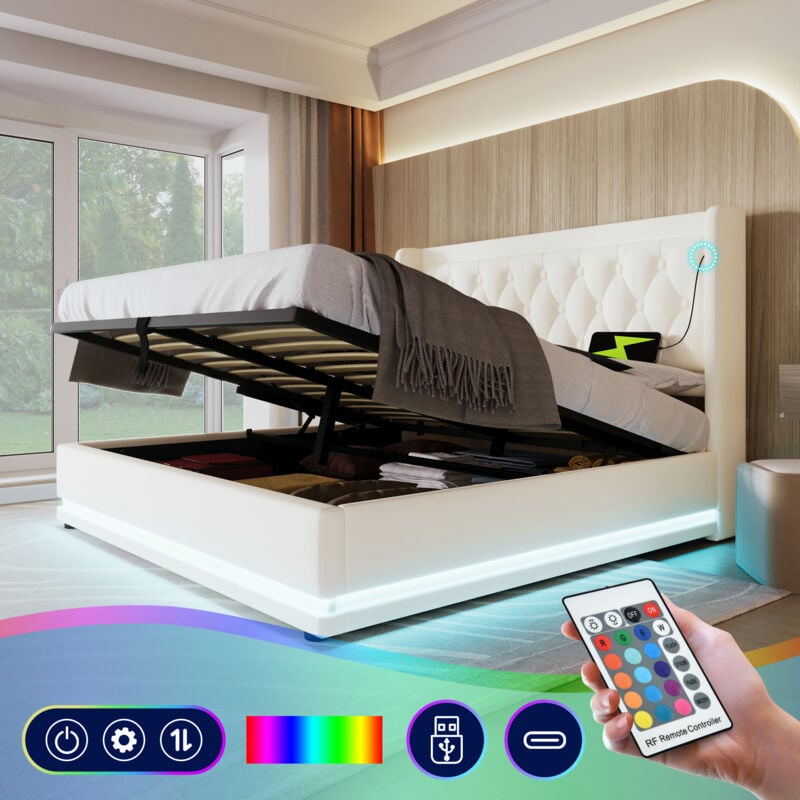 foto del prodotto letto imbottito letto matrimoniale 160 x 200 cm, materiale pu bianco, letto contenitore idraulico, testiera imbottita con funzione di ricarica usb