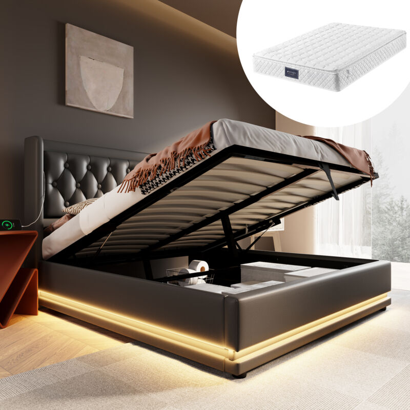 foto del prodotto letto imbottito letto matrimoniale 160 x 200 cm, materiale pu nero, letto contenitore idraulico, testiera imbottita con funzione di ricarica usb