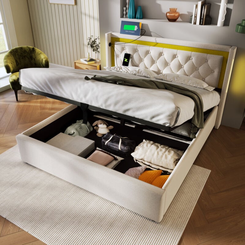 foto del prodotto letto imbottito letto matrimoniale a led con contenitore per letto con funzione di ricarica usb tipo c testiera, letti con contenitore giroletto in