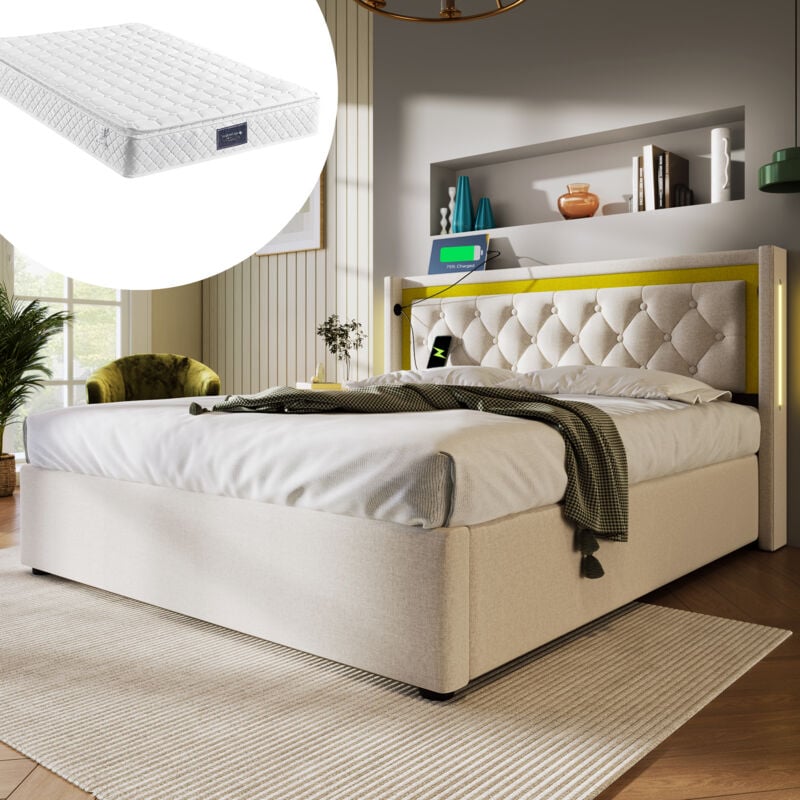 foto del prodotto letto imbottito letto matrimoniale a led con contenitore per letto con funzione di ricarica usb tipo c testiera, letti con contenitore giroletto in