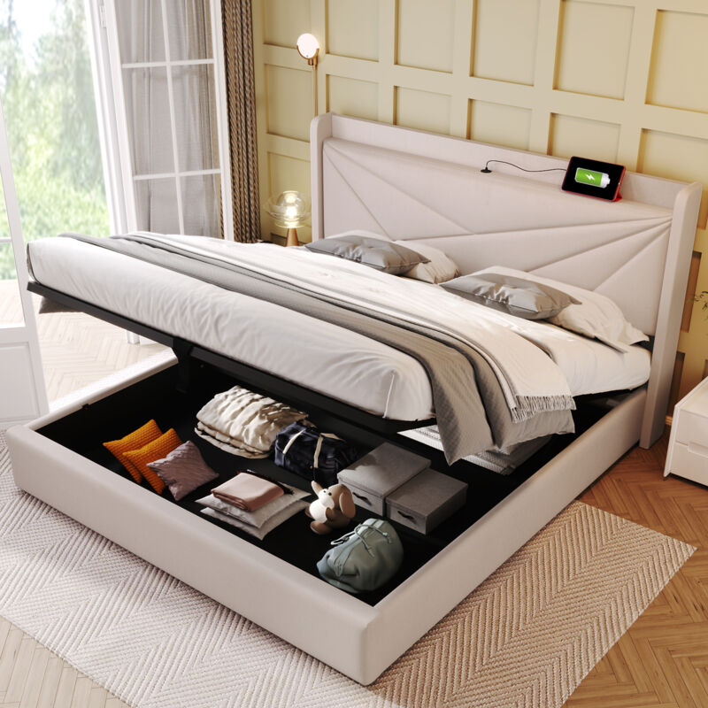 foto del prodotto letto imbottito letto matrimoniale box contenitore con funzione di ricarica usb tipo c testiera, letti con contenitore giroletto in materiale lino