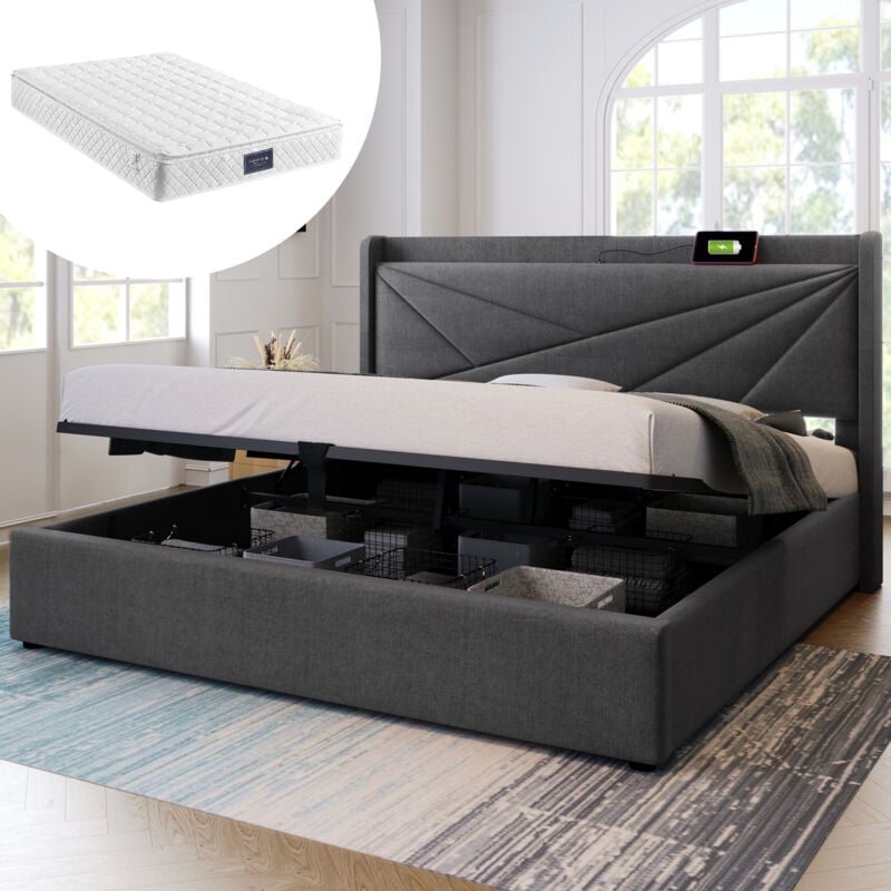 foto del prodotto letto imbottito letto matrimoniale box letto con contenitore con funzione di ricarica usb testiera tipo c, letti con contenitore giroletto in