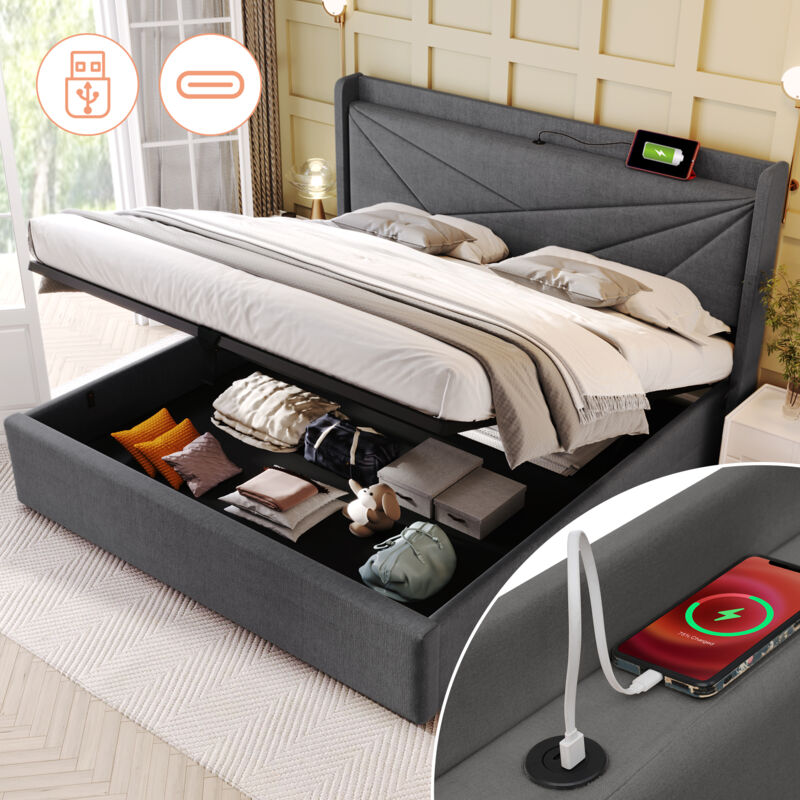foto del prodotto letto imbottito letto matrimoniale box letto con contenitore con funzione di ricarica usb testiera tipo c, letti con contenitore giroletto in