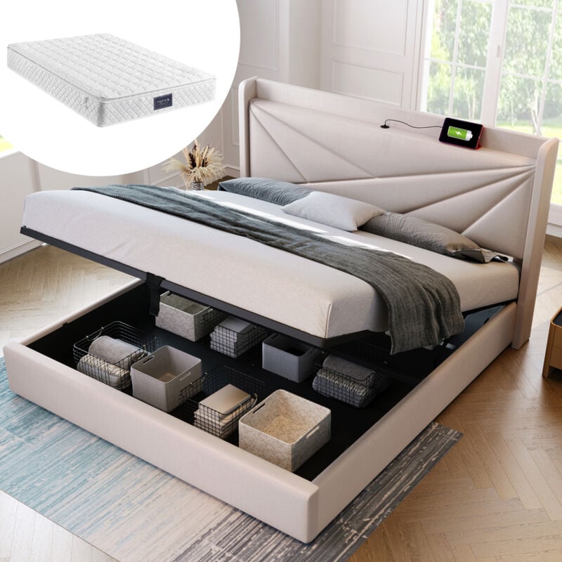 immagine 0 del prodotto letto imbottito letto matrimoniale box letto con contenitore con funzione di ricarica usb tipo c testiera, letti con contenitore giroletto in