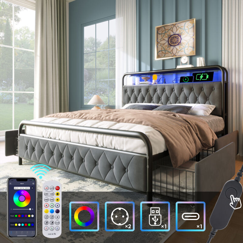 foto del prodotto letto imbottito letto matrimoniale con funzione di ricarica controllo app usb tipo c giroletto a led letto in metallo giroletto 180 200 e 4 cassetti,