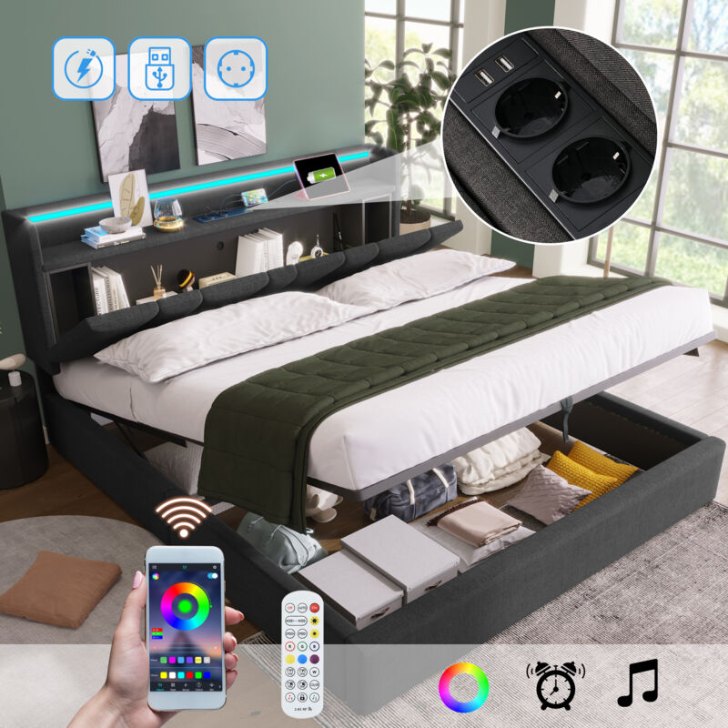 immagine 0 del prodotto letto imbottito letto matrimoniale con funzione di ricarica usb, testiera con vano contenitore e illuminazione a led, letto matrimoniale 140x200 cm