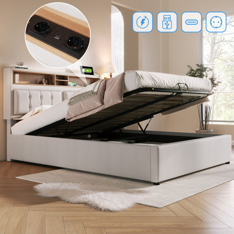 foto del prodotto letto imbottito letto matrimoniale con presa usb c funzione di ricarica testiera, vano contenitore letti biancheria giroletto letto per ragazzi