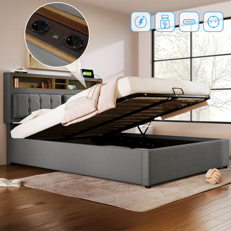 foto del prodotto letto imbottito letto matrimoniale con presa usb c funzione di ricarica testiera, vano contenitore letti biancheria giroletto letto per ragazzi