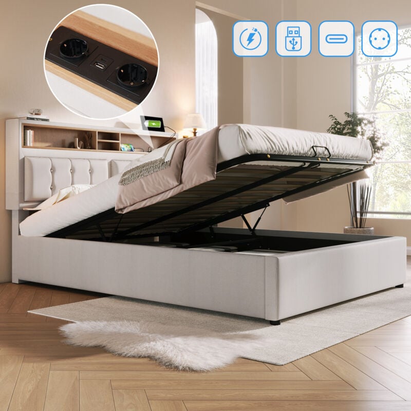 foto del prodotto letto imbottito letto matrimoniale con presa usb c funzione di ricarica testiera, vano contenitore letti biancheria giroletto letto per ragazzi