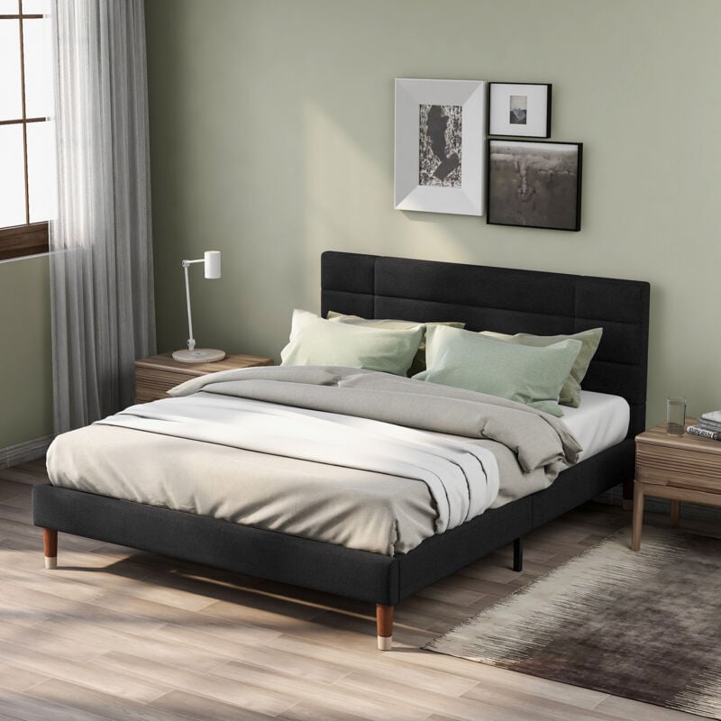 foto del prodotto letto imbottito, letto matrimoniale con rete a doghe, giroletto imbottito con testiera 140x200 cm, per adulti e ragazzi nero senza materasso okwish