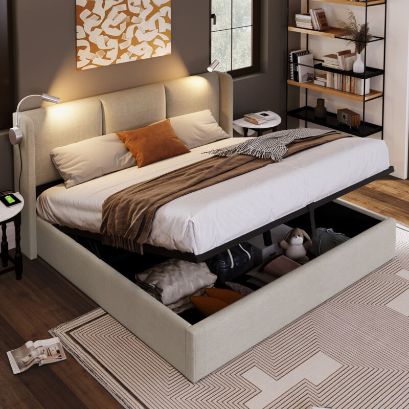foto del prodotto letto imbottito letto matrimoniale contenitore letto box luce da lettura con funzione di ricarica usb testiera, letti con contenitore giroletto in