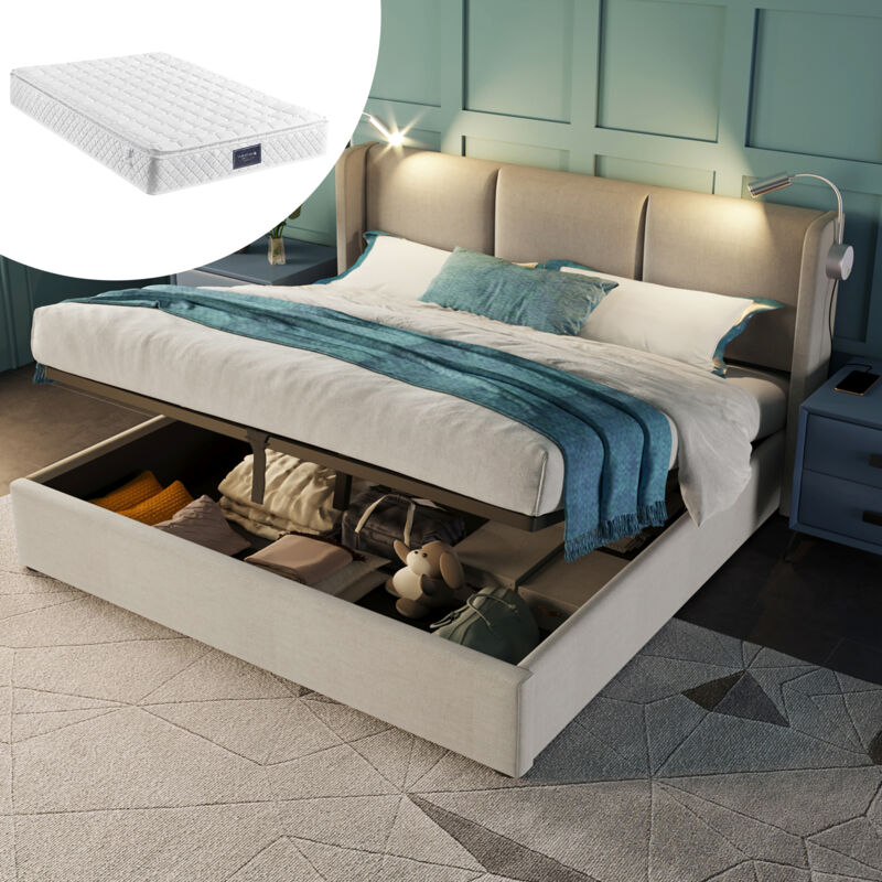foto del prodotto letto imbottito letto matrimoniale contenitore letto box luce da lettura con funzione di ricarica usb testiera, letti con contenitore giroletto in