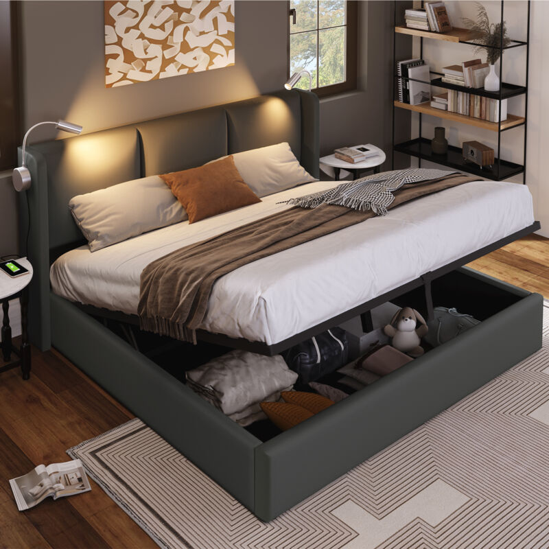 foto del prodotto letto imbottito letto matrimoniale contenitore letto box luce da lettura con funzione di ricarica usb testiera, letti con contenitore giroletto pu
