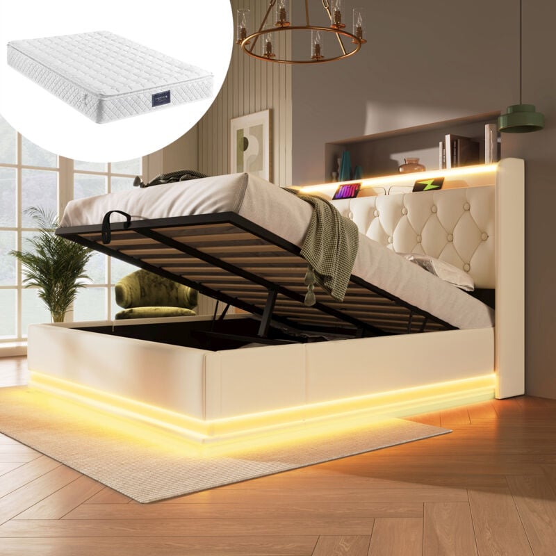 foto del prodotto letto imbottito, letto matrimoniale, funzione led surround 360, pulsante app telecomando, 160200 cm, letto contenitore idraulico in materiale pu