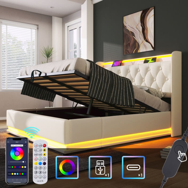 foto del prodotto letto imbottito, letto matrimoniale, funzione led surround 360, pulsante app telecomando, 180200 cm, letto contenitore idraulico in materiale pu