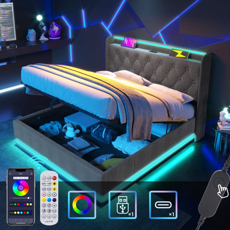 immagine 0 del prodotto letto imbottito, letto matrimoniale, funzione led surround a 360 , pulsante app telecomando, 160 x 200 cm, tessuto di lino grigio, letto contenitore